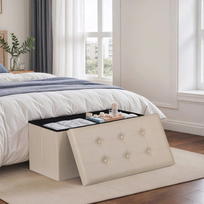 Compact Cream Collapsible Storage Ottoman Footrest