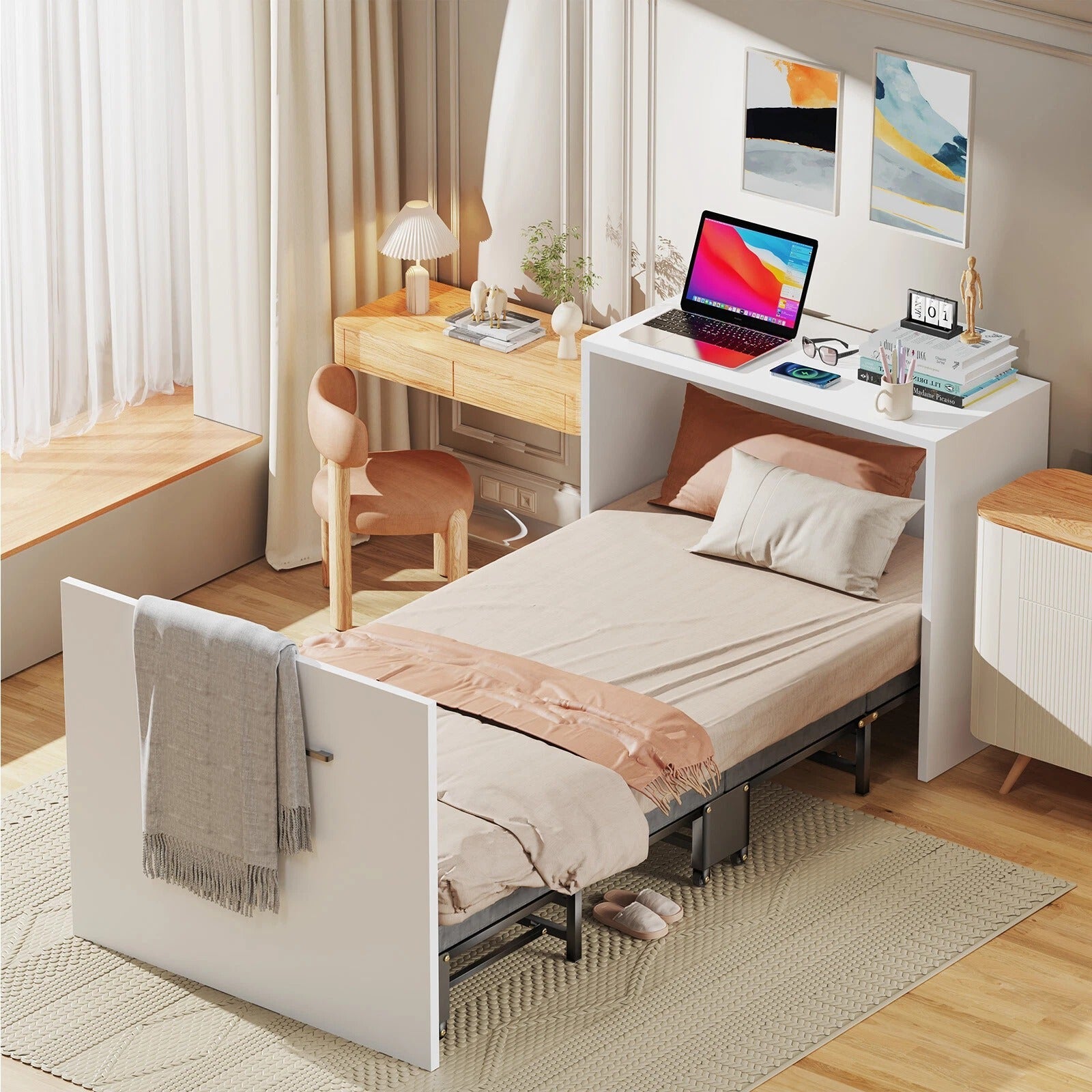 Space Saving Wall Bed with Desk and Mattress - Pexav