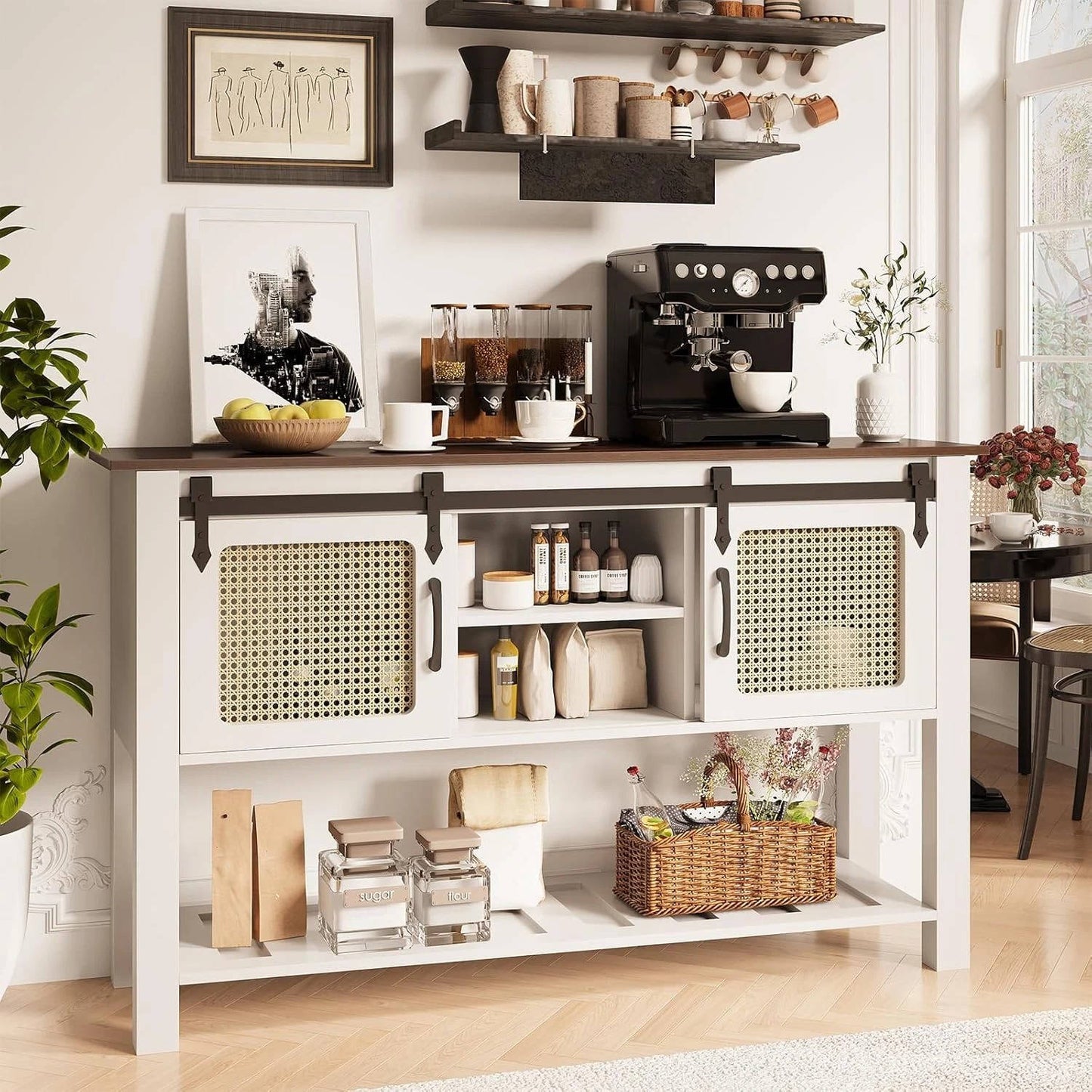 Rustic Kitchen Storage Cabinet with Wooden Sliding Door & Shelves