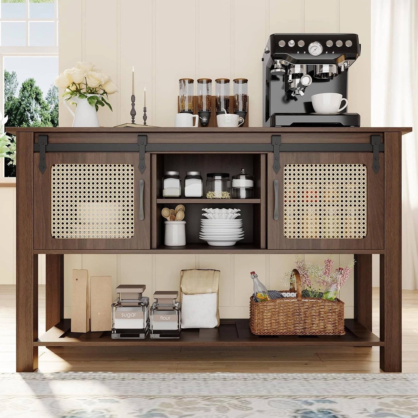 Rustic Kitchen Storage Cabinet with Wooden Sliding Door & Shelves - Pexav