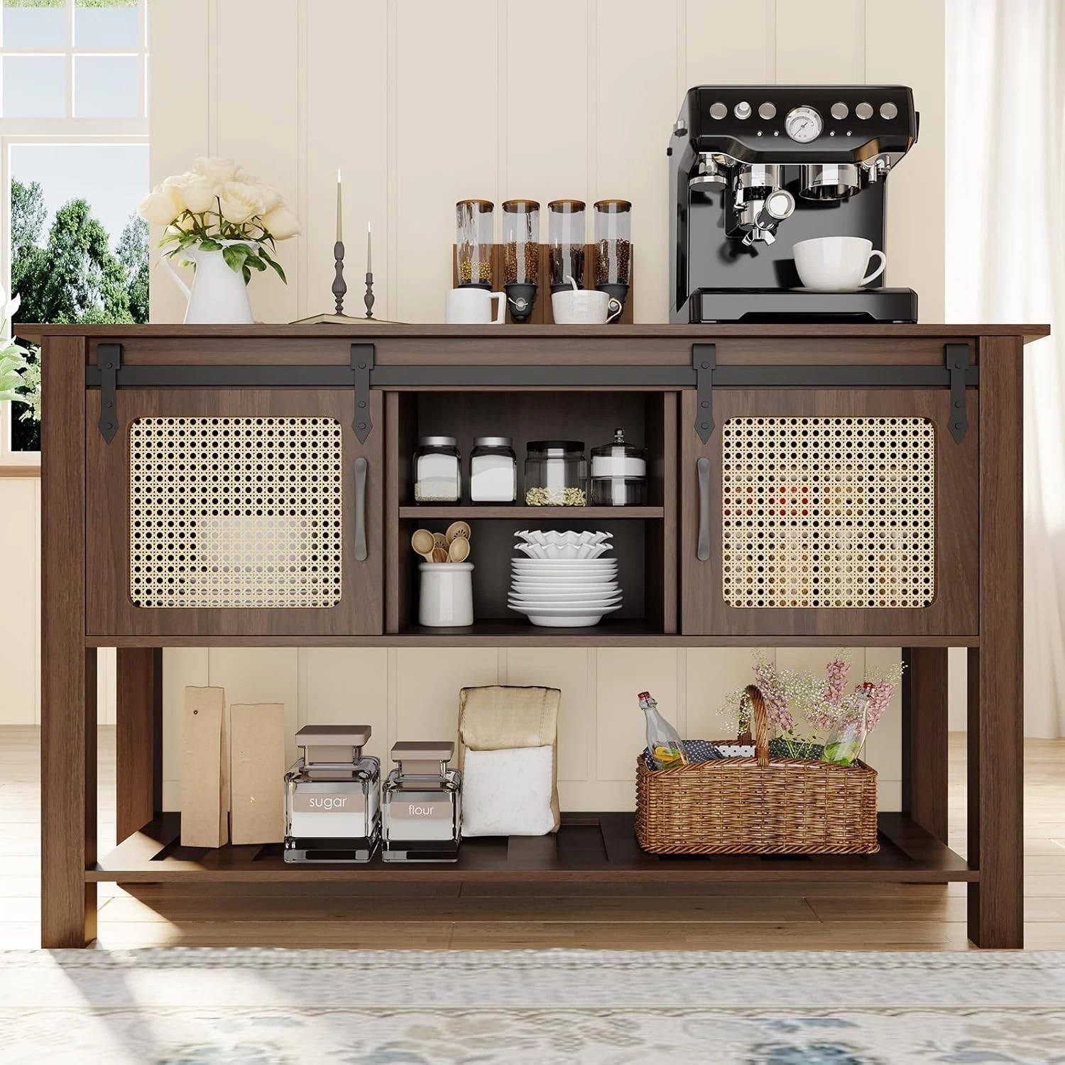 Rustic Kitchen Storage Cabinet with Wooden Sliding Door & Shelves - Pexav