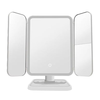 Three-panel makeup mirror with LED lights on a white background