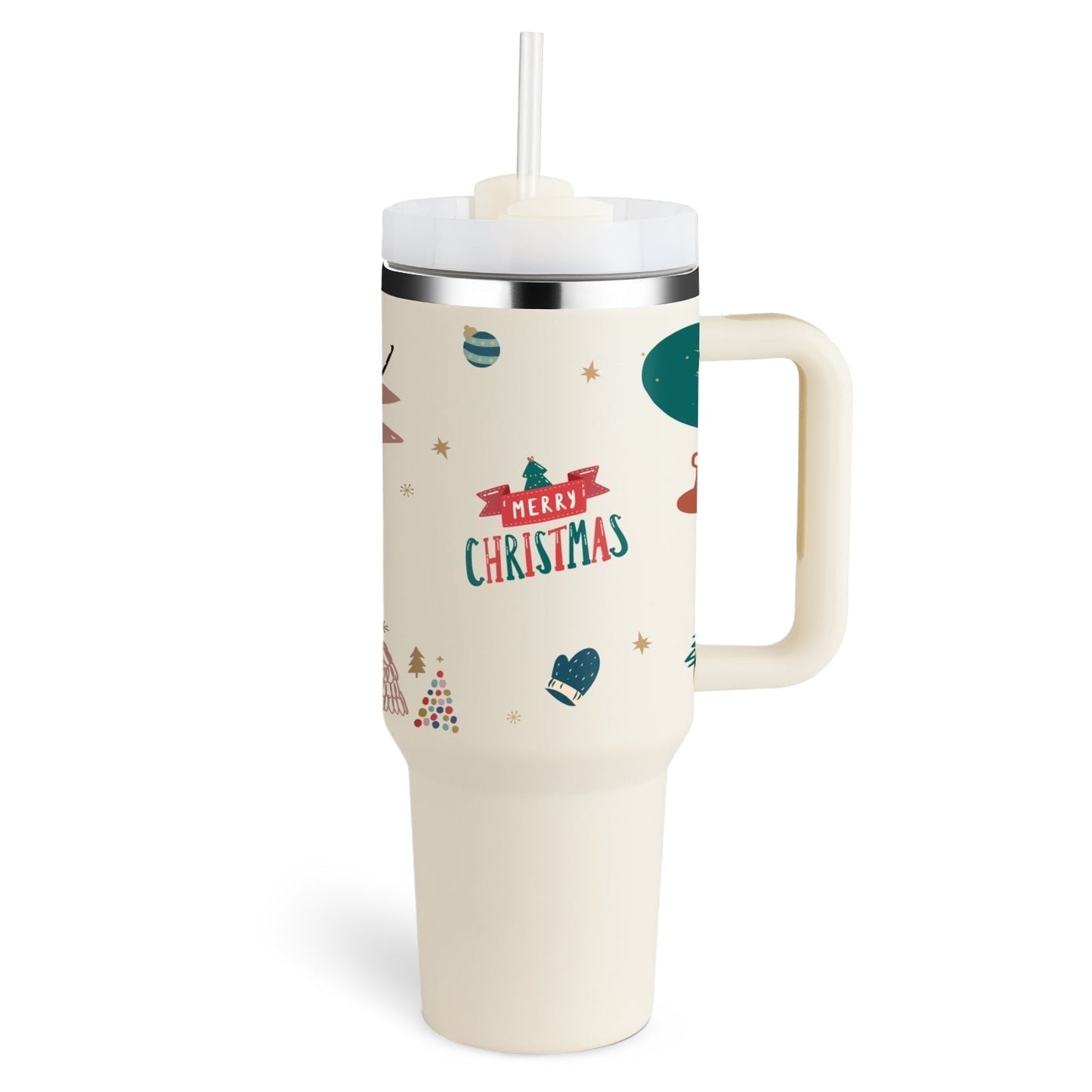 Insulated Mug with Handle and Straw - ChillMate-Christmas beige-1200 ML-Nora Luxe