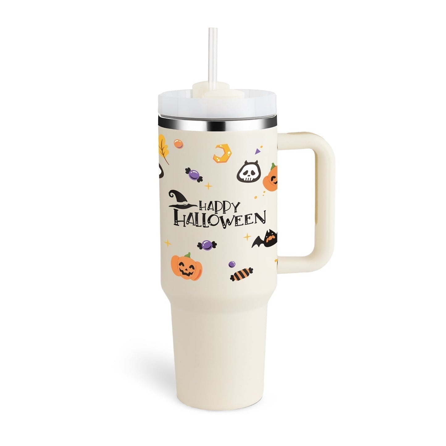 Insulated Mug with Handle and Straw - ChillMate-Halloween Cream White-1200 ML-Nora Luxe
