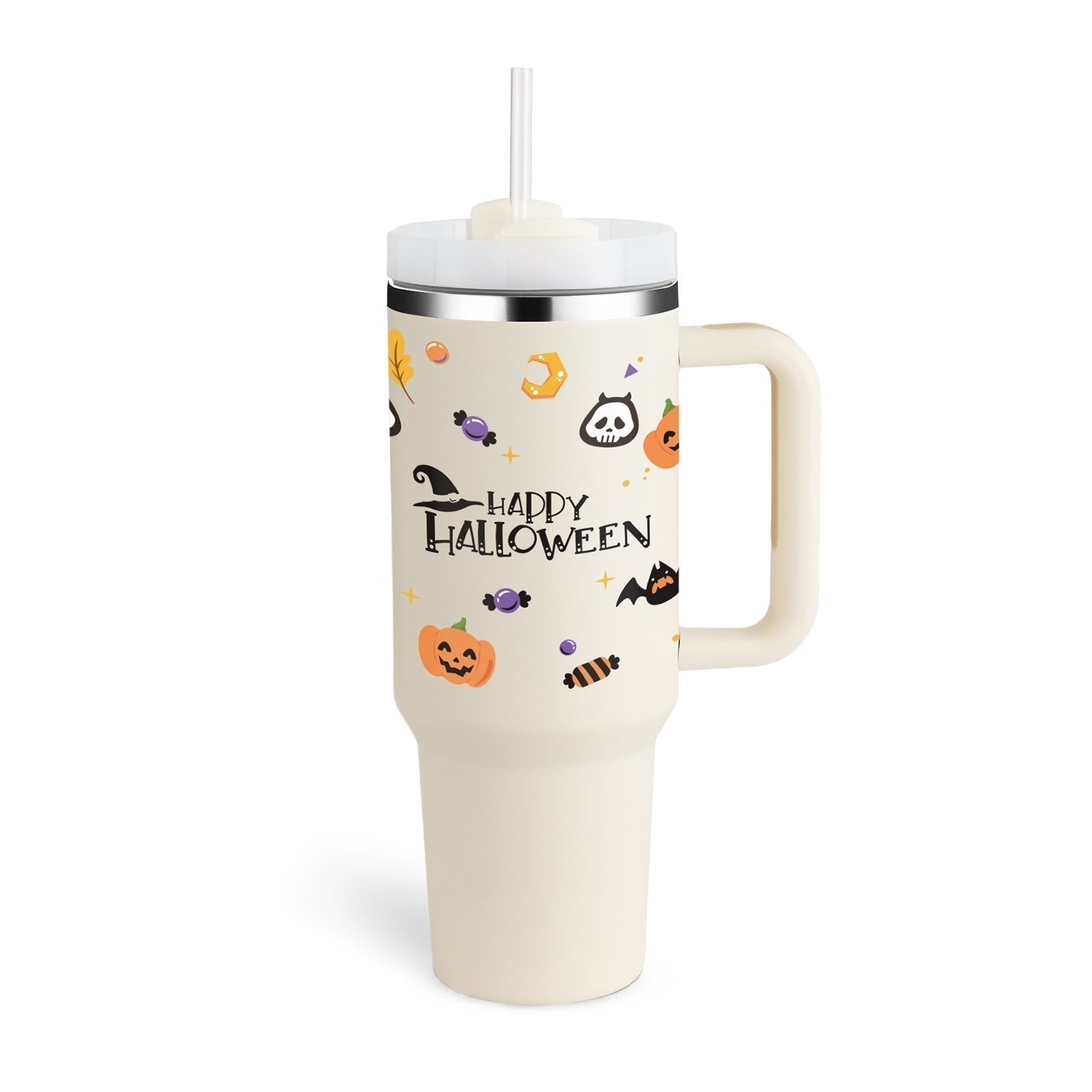 Insulated Mug with Handle and Straw - ChillMate-Halloween Cream White-1200 ML-Nora Luxe