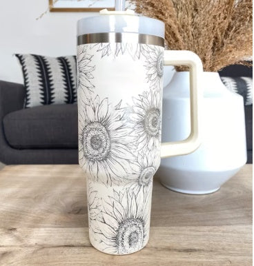 Insulated Mug with Handle and Straw - ChillMate-Sunflower-1200 ML-Nora Luxe