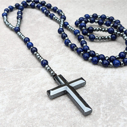 Men's Blue Gemstone Cross Chain Necklace
