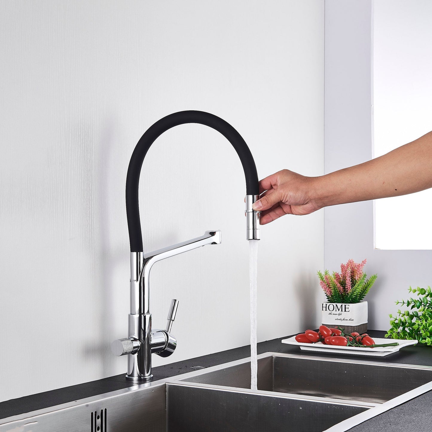 Kitchen Tap with Double Outlet and Water Filtration - PureFlow Duo-Chromium-Nora Luxe