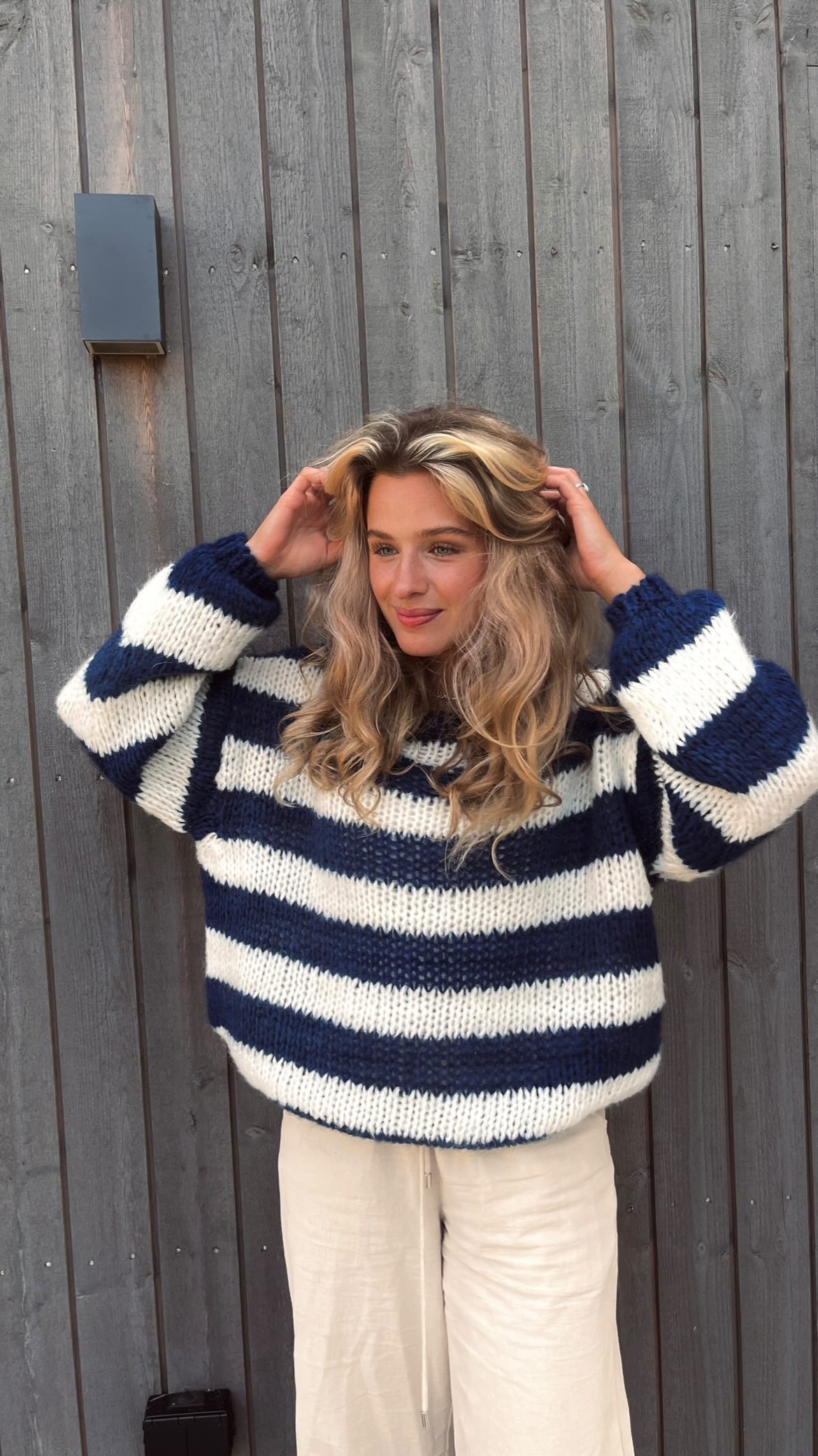 Knitted and Striped Oversized Women's Sweater - Harper-Blue and White-XS/S-Nora Luxe