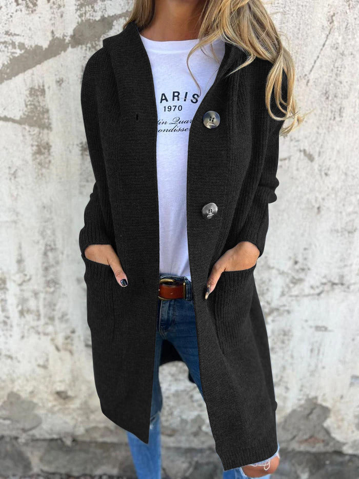 Knitted Long Women's Cardigan with Hood - Liv-Black-S-Nora Luxe