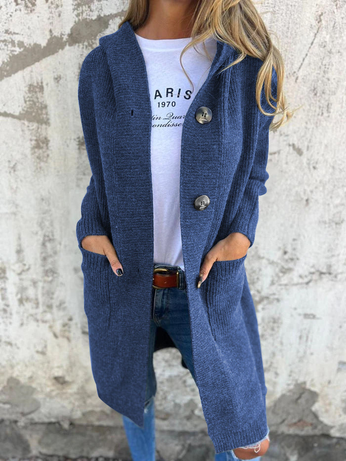 Knitted Long Women's Cardigan with Hood - Liv-Blue-S-Nora Luxe