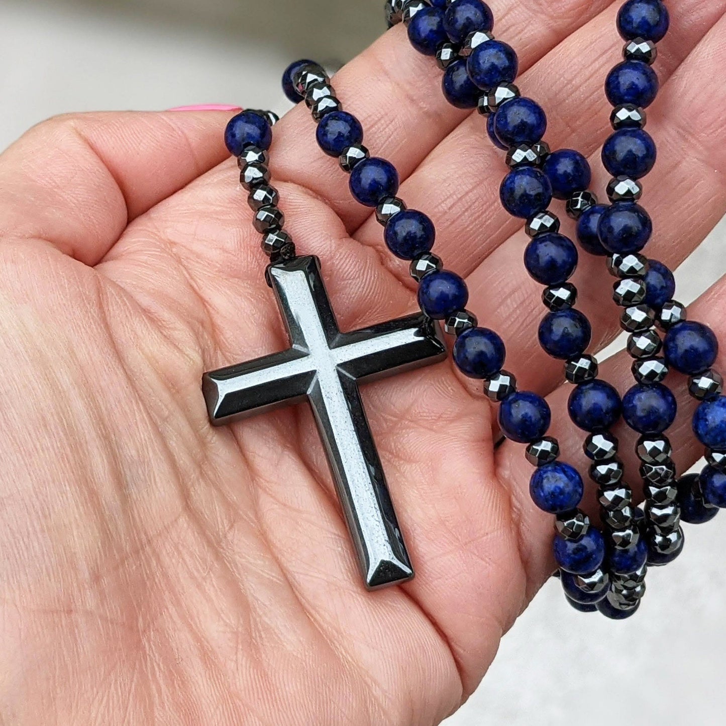 Men's Blue Gemstone Cross Chain Necklace