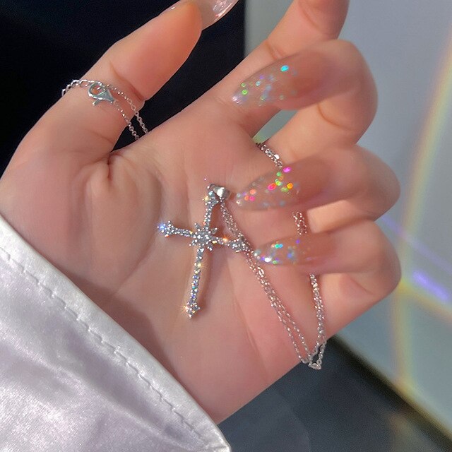 Sparkling Crystal Cross Pendant Necklace - Pexav