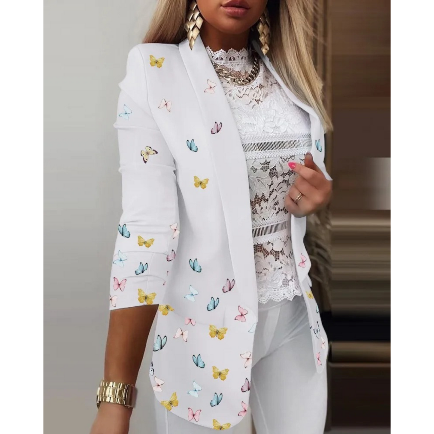 Ladies' blazer with a shawl collar and print - Bella-White-S-Nora Luxe