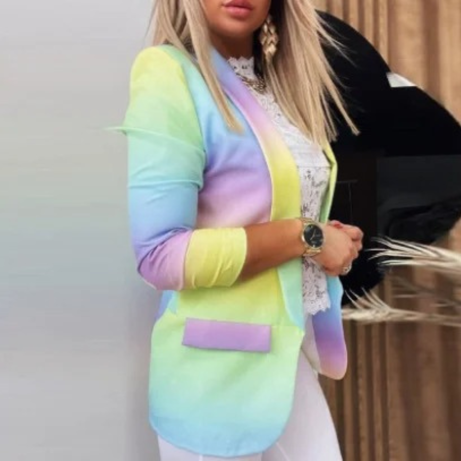 Ladies' blazer with a shawl collar and print - Bella-Yellow-Purple-S-Nora Luxe