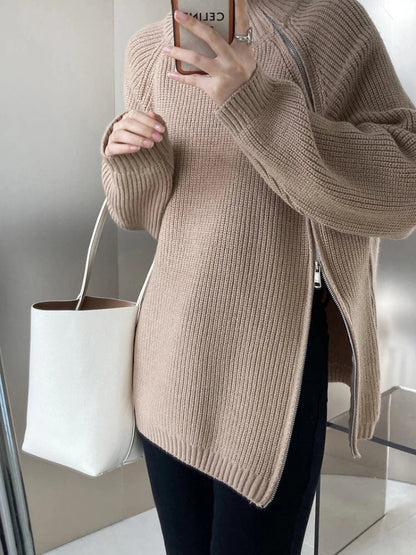 Ladies Pullover Vest with Zip - Clara-Khaki-One Size-Nora Luxe