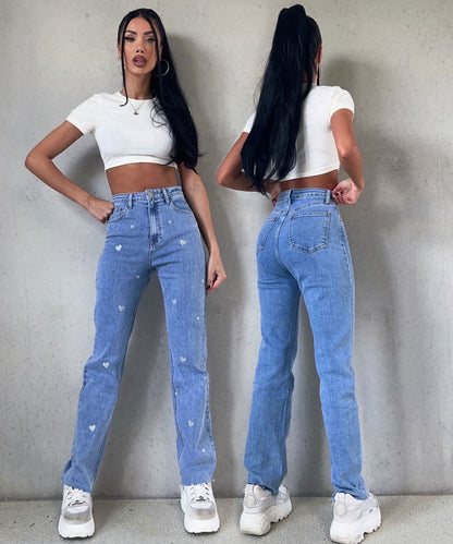 Ladies Stretch Jeans with Wide Legs and Heart Print - Amelie-XS-Nora Luxe
