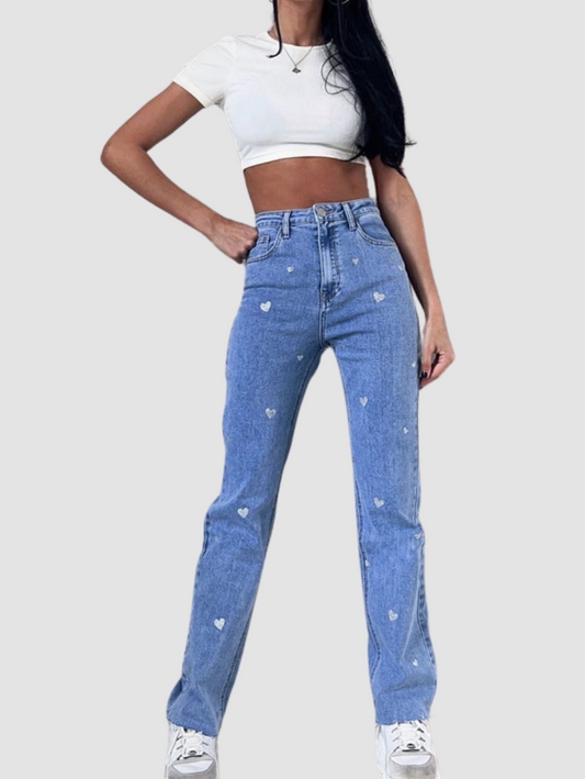 Women's Comfortable Wide Leg Heart Print Jeans - Pexav