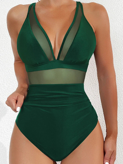 Ladies' swimsuit with mesh and push-up effect – Chiara-Green-S-The Livary