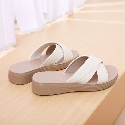 Ladies' wedge slippers made of leatherette with an open toe – Cassy-Beige-3.5-The Livary