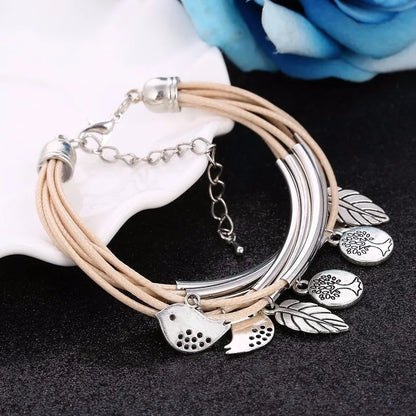 Layered Natural Leather Bracelet | Multi-Strand Women's Jewellery-BEIGE-Nora Luxe