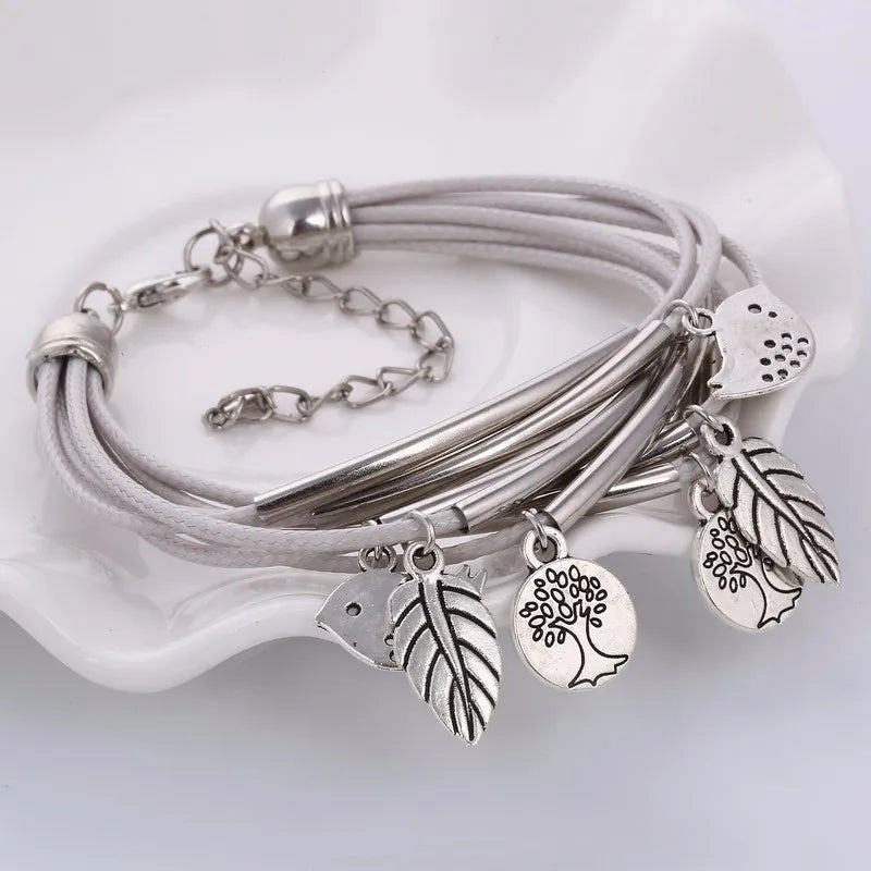 Layered Natural Leather Bracelet | Multi-Strand Women's Jewellery-BEIGE-Nora Luxe