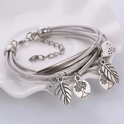 Layered Natural Leather Bracelet | Multi-Strand Women's Jewellery-BEIGE-Nora Luxe