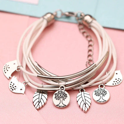 Layered Natural Leather Bracelet | Multi-Strand Women's Jewellery-BEIGE-Nora Luxe