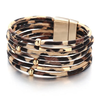 Animal Print Layered Leather Cuff - Pexav