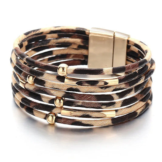 Animal Print Layered Leather Cuff - Pexav