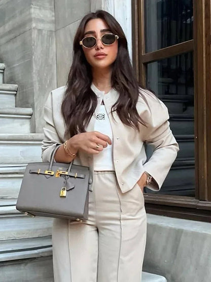 Light women's bomber jacket for summer – Casual chic with stand-up collar-Beige-S-The Livary