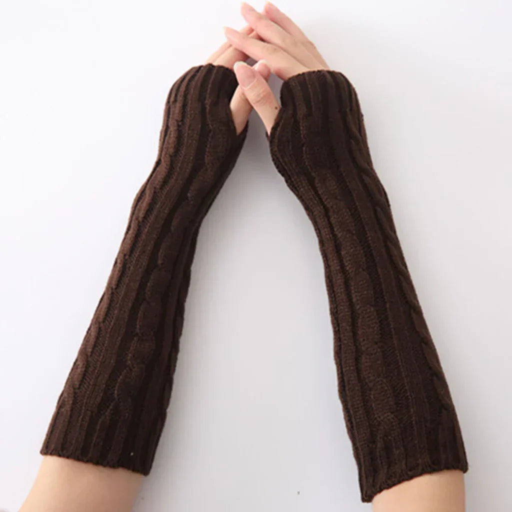 Long Fingerless Knitted Gloves - FlexiWarm-Twist White-1-Nora Luxe