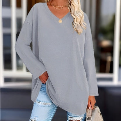 Long Sleeve Women's Sweater with V-Neck - Lucinda-Gray-S-Nora Luxe