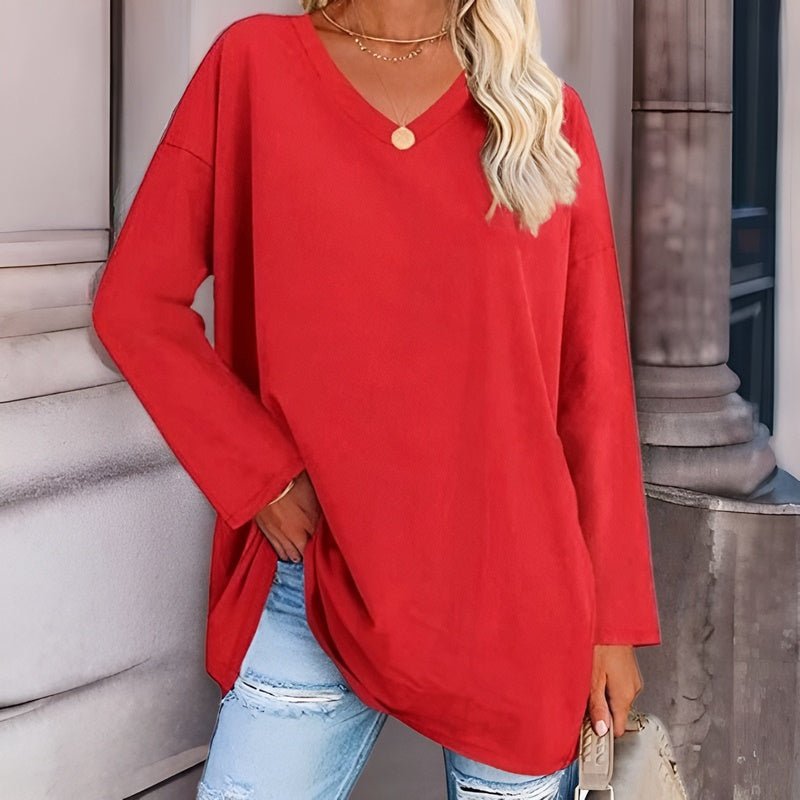 Long Sleeve Women's Sweater with V-Neck - Lucinda-Red-S-Nora Luxe
