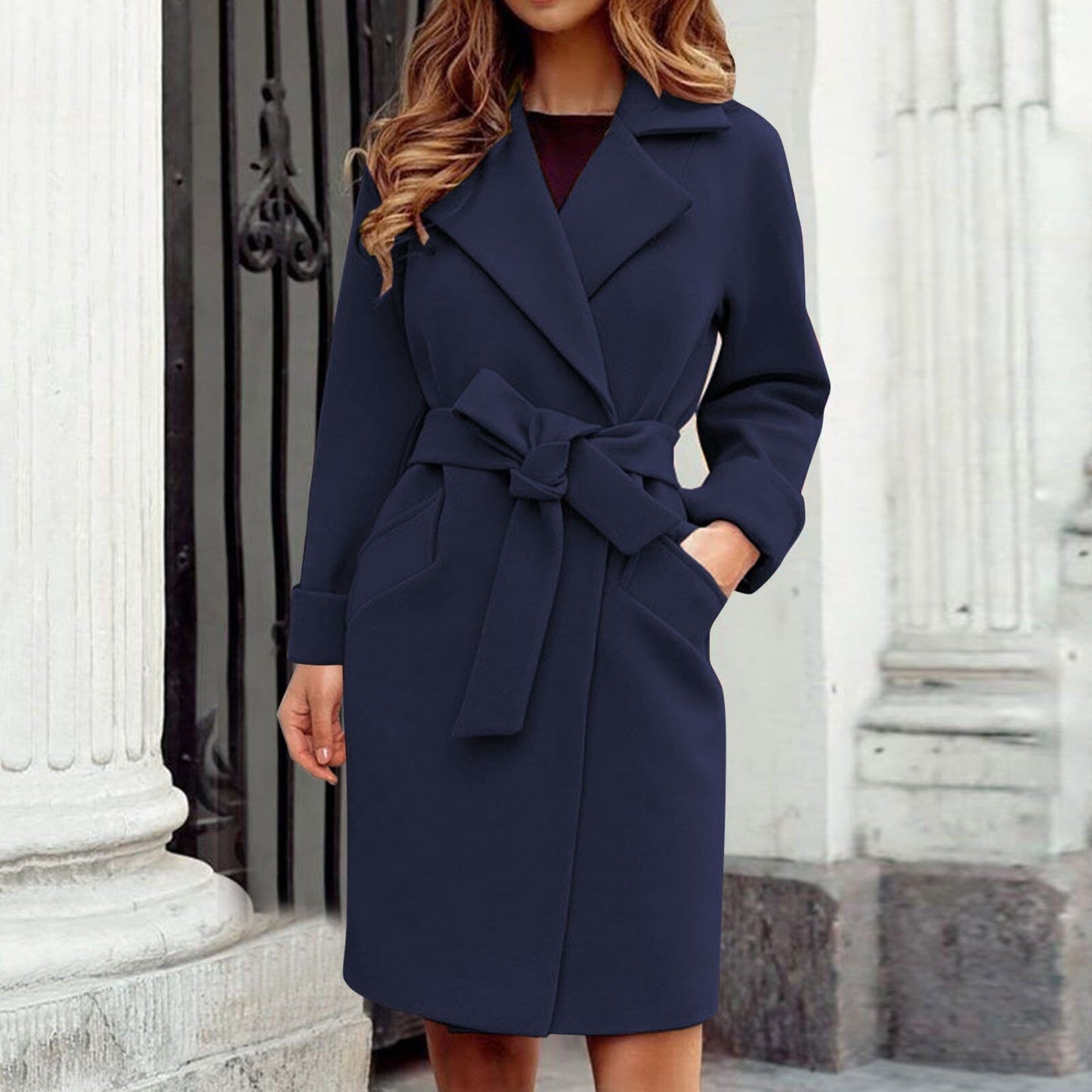 Long Women's Trench Coat Winter Jacket - Sienna-Dark Blue-S-Nora Luxe