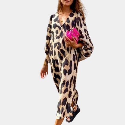 Comfortable Big Cat Print Maxi Dress - Pexav