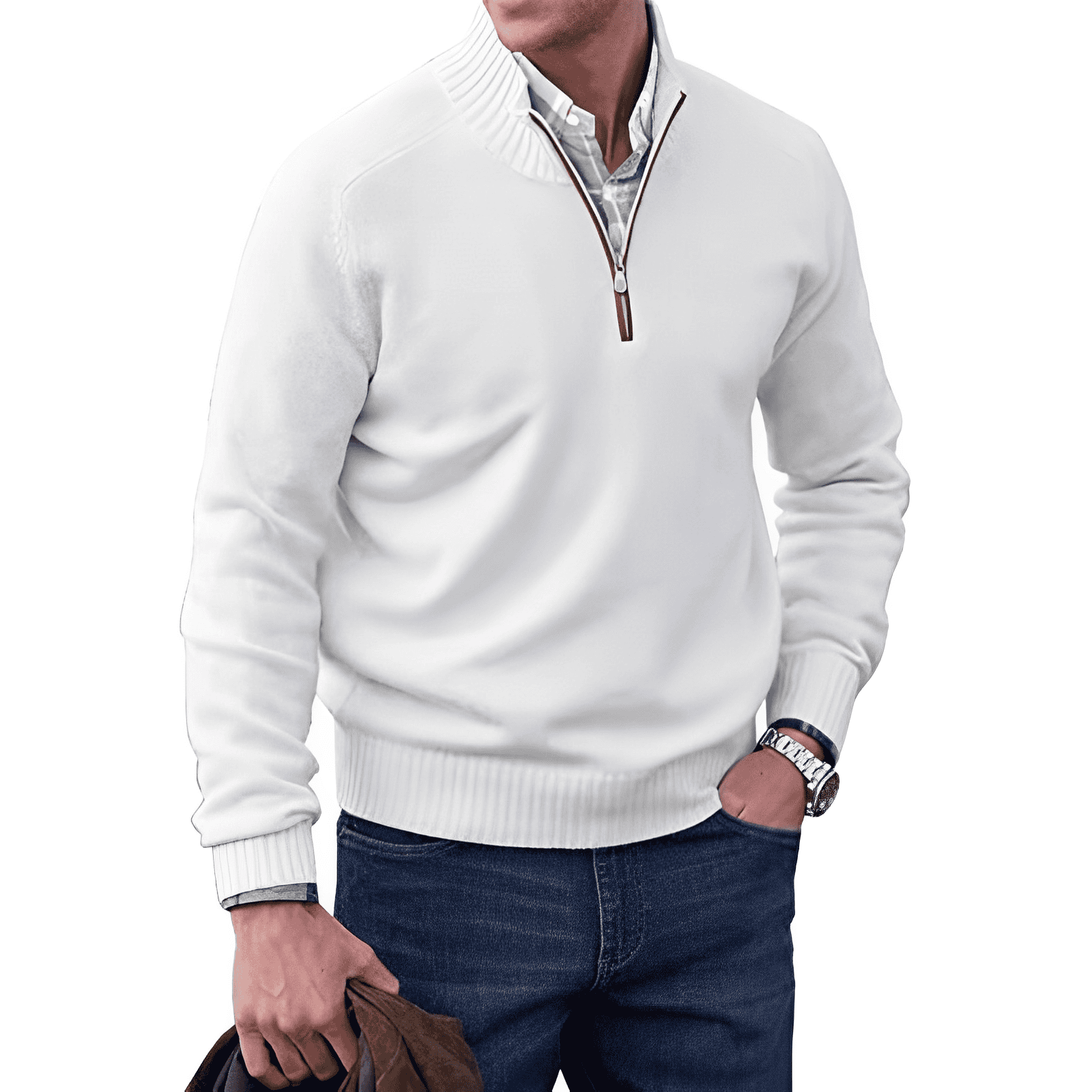 Luxury Cashmere Men's Sweater with Zip - Lucas-White-XS-Nora Luxe