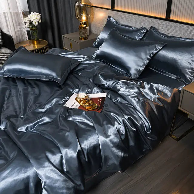 Luxury Plain Satin Duvet Cover - SilkSerenity-Blue/Gray-59.06 × 78.74 in-Nora Luxe