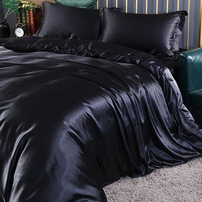 Luxury Silk/Satin Bedding Set (4-piece) - SilkSleep-59.06" fitted sheet + Duvet 78.74" x 90.55" + 2x pillowcase 18.90" x 29.13"-Black-Nora Luxe