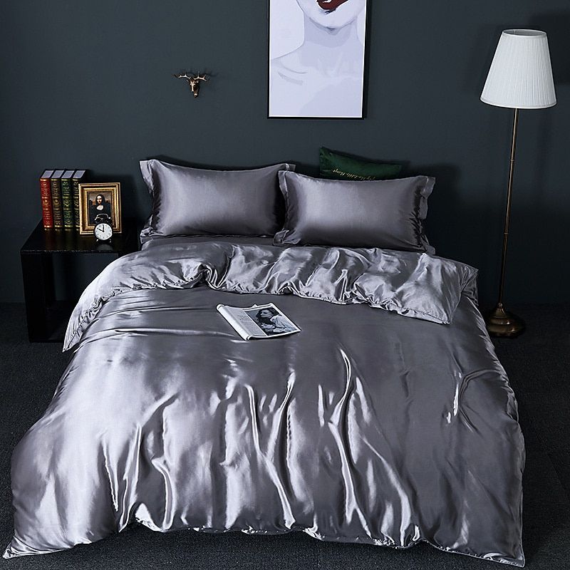 Luxury Silk/Satin Bedding Set (4-piece) - SilkSleep-59.06" fitted sheet + Duvet 78.74" x 90.55" + 2x pillowcase 18.90" x 29.13"-Dark silver-Nora Luxe