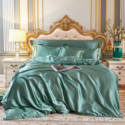 Luxury Silk/Satin Bedding Set (4-piece) - SilkSleep-59.06" fitted sheet + Duvet 78.74" x 90.55" + 2x pillowcase 18.90" x 29.13"-Mint-Nora Luxe