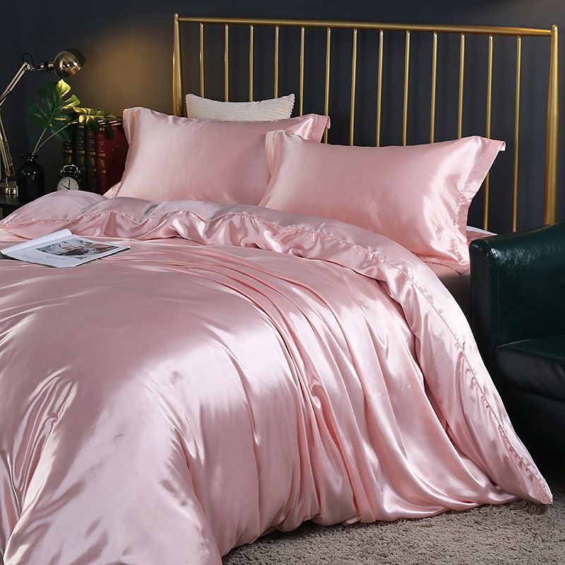 Luxury Silk/Satin Bedding Set (4-piece) - SilkSleep-59.06" fitted sheet + Duvet 78.74" x 90.55" + 2x pillowcase 18.90" x 29.13"-Pink-Nora Luxe