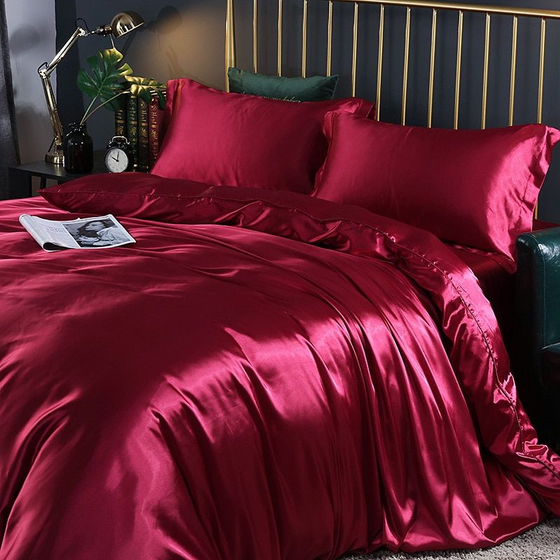 Luxury Silk/Satin Bedding Set (4-piece) - SilkSleep-59.06" fitted sheet + Duvet 78.74" x 90.55" + 2x pillowcase 18.90" x 29.13"-Red-Nora Luxe