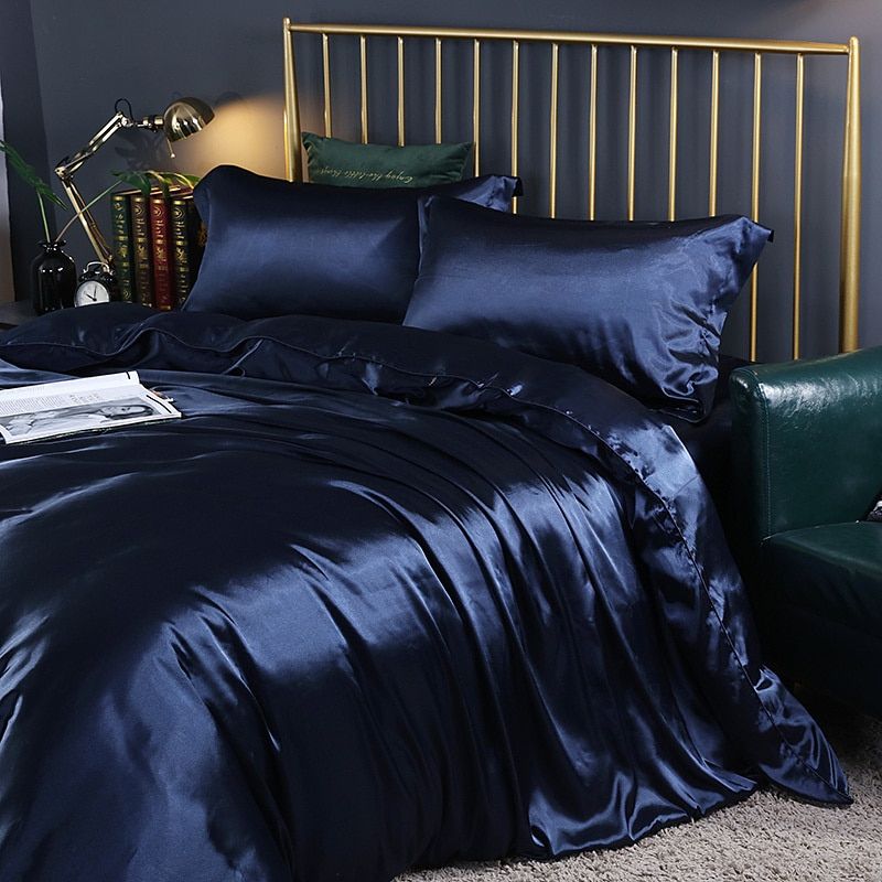 Luxury Silk/Satin Bedding Set (4-piece) - SilkSleep-59.06" fitted sheet + Duvet 78.74" x 90.55" + 2x pillowcase 18.90" x 29.13"-Royal blue-Nora Luxe