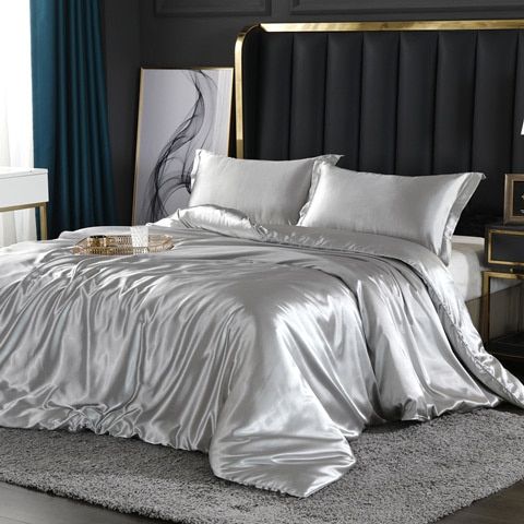Luxury Silk/Satin Bedding Set (4-piece) - SilkSleep-59.06" fitted sheet + Duvet 78.74" x 90.55" + 2x pillowcase 18.90" x 29.13"-Silver-Nora Luxe