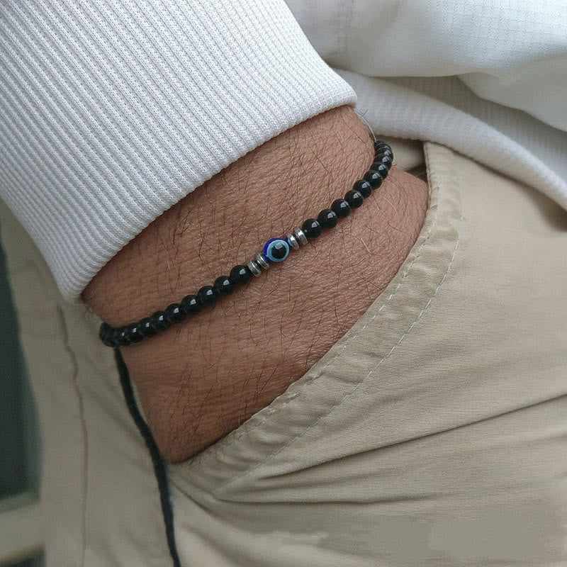 Men's 4mm Natural Stone Evil Eye Bead Bracelet - Thor-Obsidian-Nora Luxe