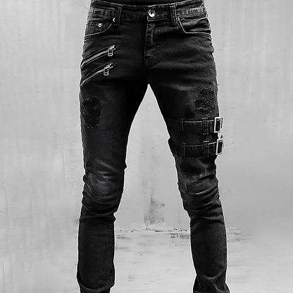 Men's Denim Jeans with Buckles and Zippers - TitanEdge-Black-S-Nora Luxe