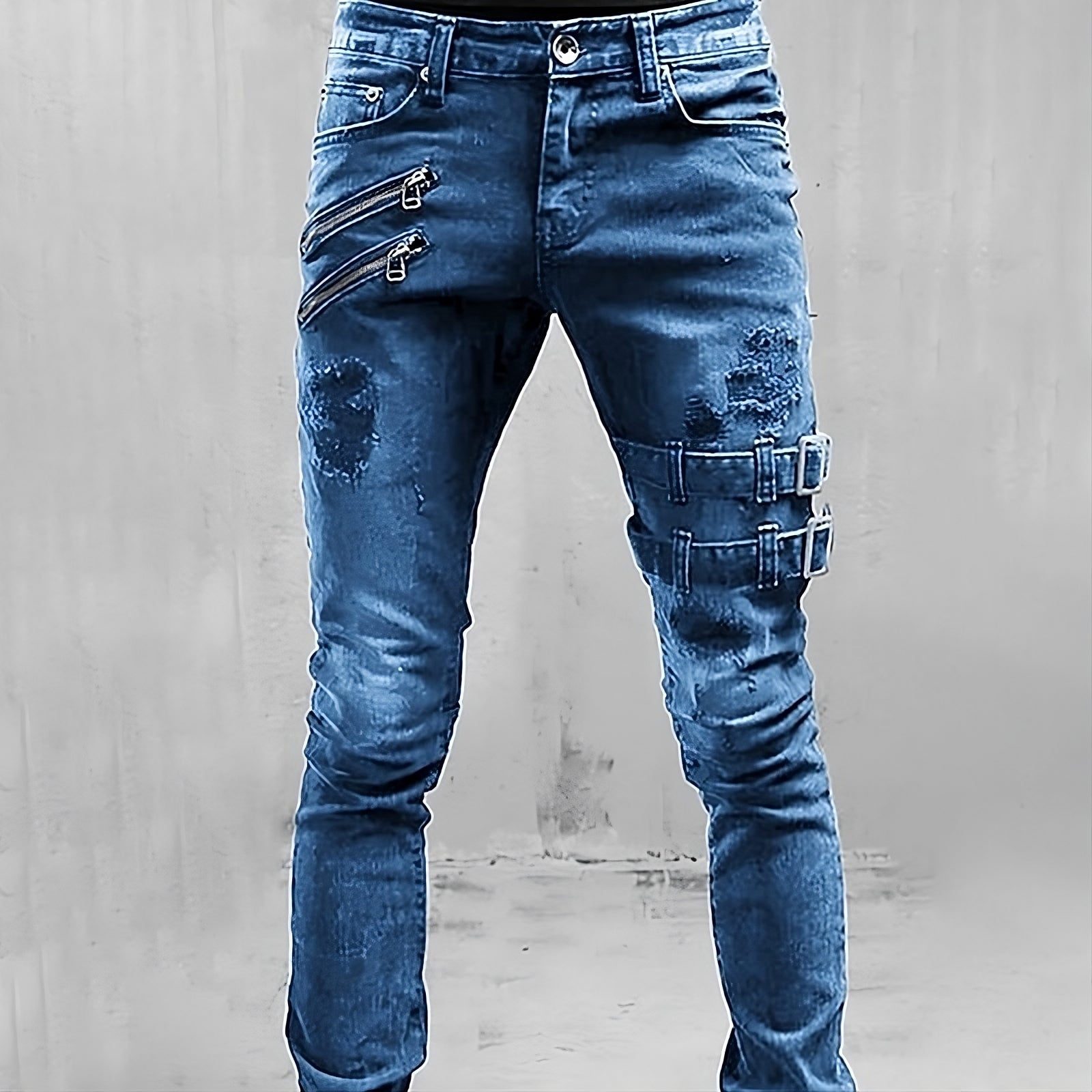 Rugged Men's Zipper Jeans with Metal Buckles - Pexav