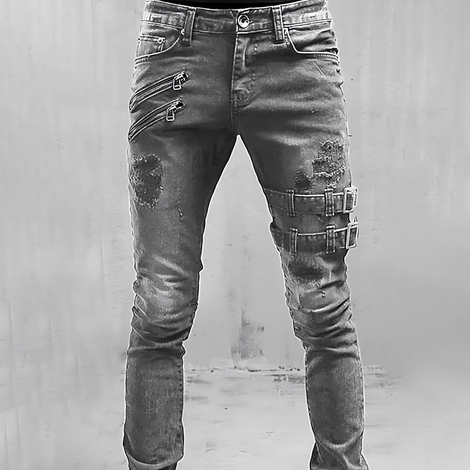 Men's Denim Jeans with Buckles and Zippers - TitanEdge-Gray-S-Nora Luxe