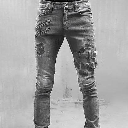 Men's Denim Jeans with Buckles and Zippers - TitanEdge-Gray-S-Nora Luxe